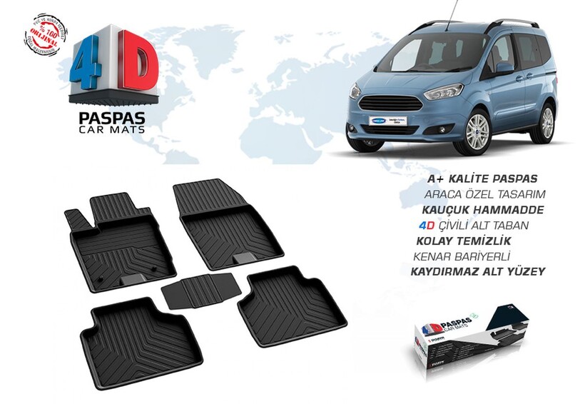 4D Paspas - Ford Tourneo Courier 4D Havuzlu Paspas Siyah 2018-2023 Arası