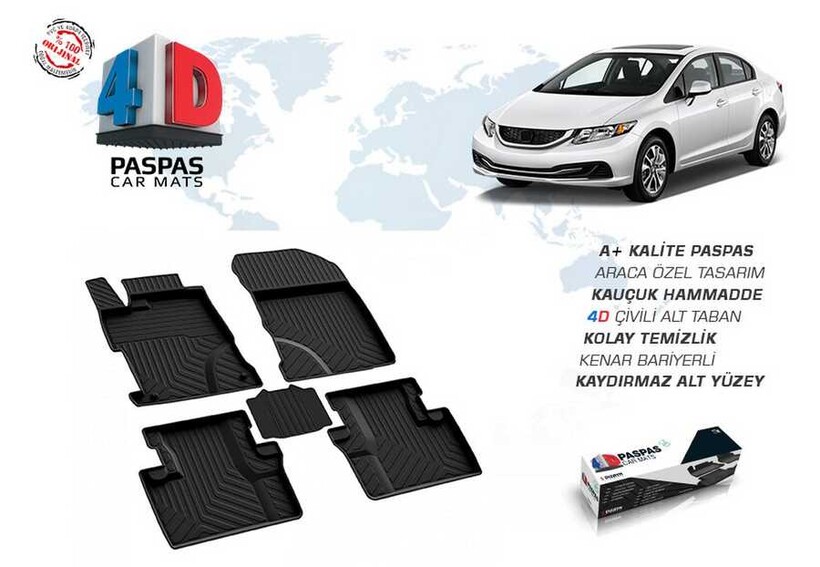4D Paspas - Honda Civic FB7 4D Havuzlu Paspas Siyah 2012-2016 Arası